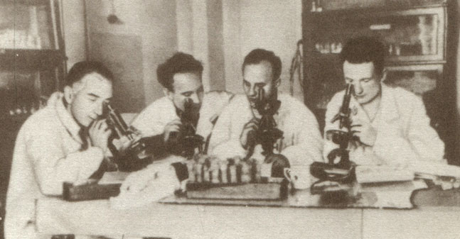 'Шел 1935 год, и нашу четверку, в которую кроме меня входили В. В. Сахаров, Г. Г. Тиняков (слева) и Н. Н. Соколов (справа), в шутку называли 'челюскинской бригадой'. До поздней ночи засиживались мы в лаборатории, изучая хромосомы у дрозофилы'